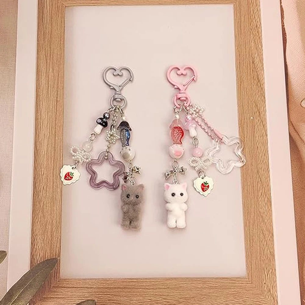 Cute Pink Fuzzy Cat Aesthetic Keyring