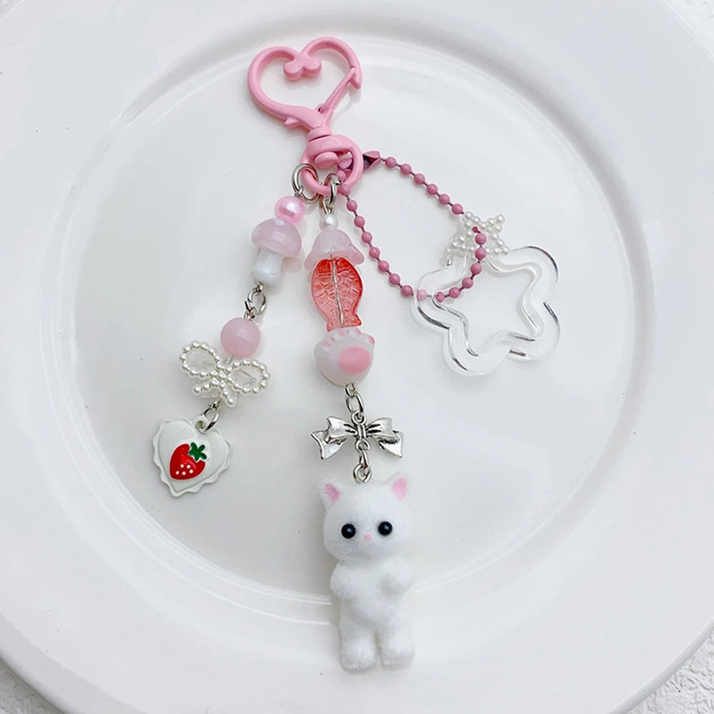 Cute Pink Fuzzy Cat Aesthetic Keyring