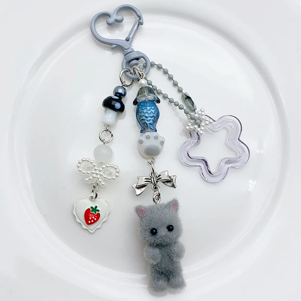 Cute Pink Fuzzy Cat Aesthetic Keyring
