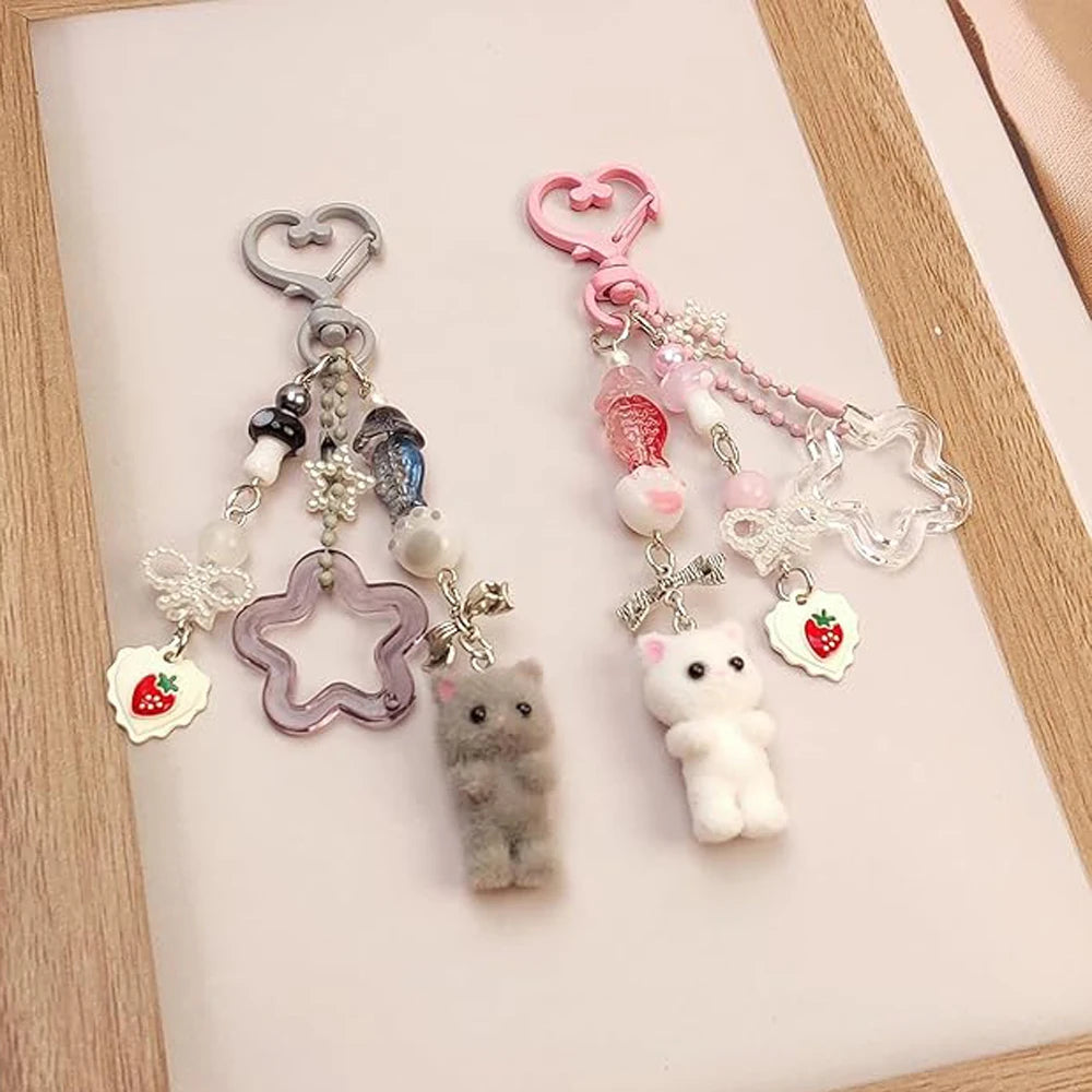 Cute Pink Fuzzy Cat Aesthetic Keyring