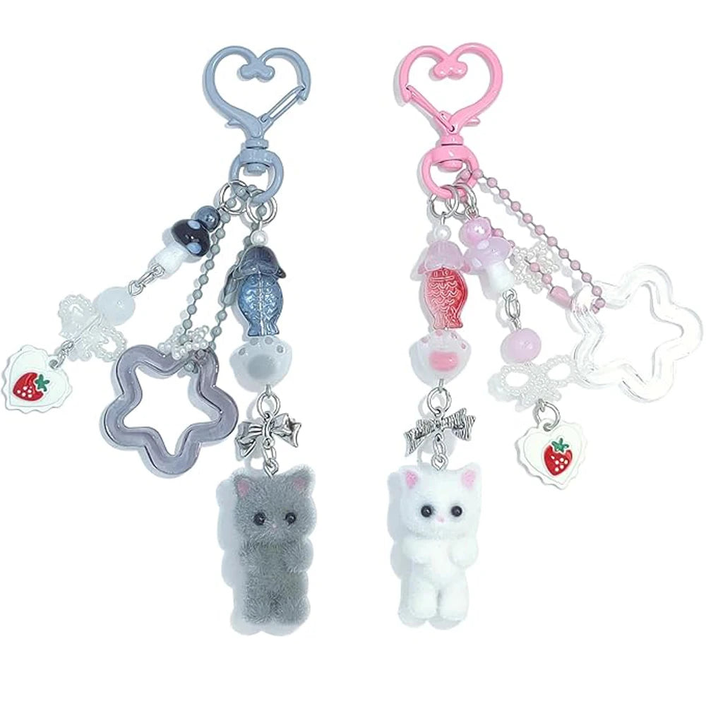 Cute Pink Fuzzy Cat Aesthetic Keyring